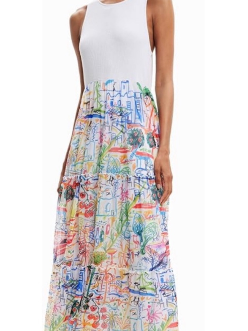 Desigual Maxi Wearable Art Tank Top Tulle  Tiered Dress NWOT Large